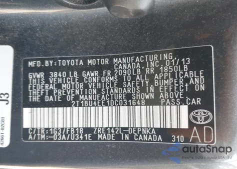 2013 Toyota Corolla Le z USA, uszkodzony, nr VIN 2T1BU4EE1DC031648